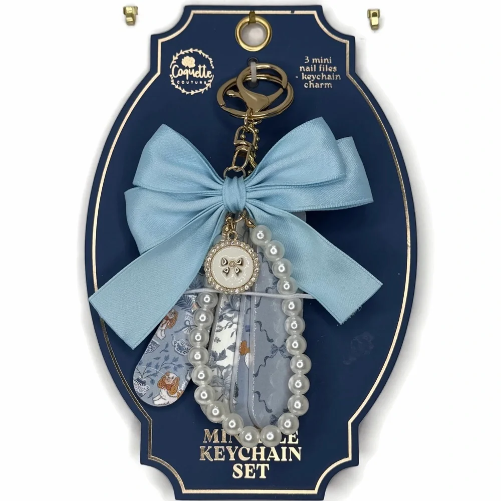 Blue Bow Faux Pearl Bag Charm and Mini File Keychain Set